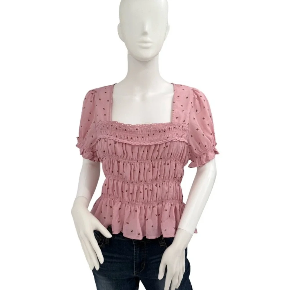 FREE‎ PEOPLE NWT Small Adore You Blouse Mauve Pink Floral Cottagecore Peplum Top